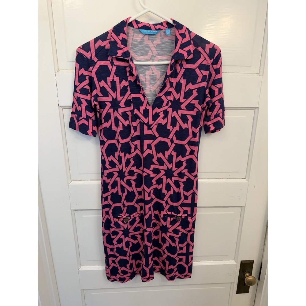 Tori Richard Honolulu Short Sleeve Polo Dress in Blue Pink XS Pockets